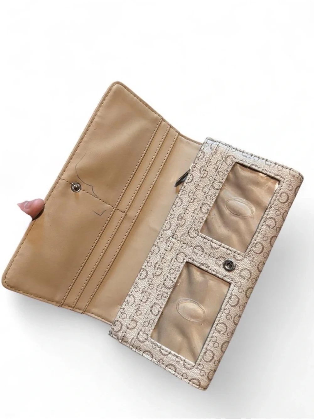 Guess Beige Monogram Fold-Over Wallet with Gold Logo